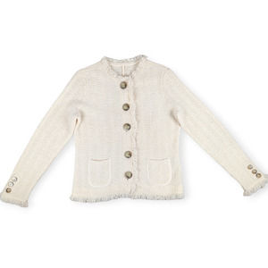 Vintage Cream Chunky Knit Wool Alpaca Blend Fringe Cardigan Sweater Size Medium